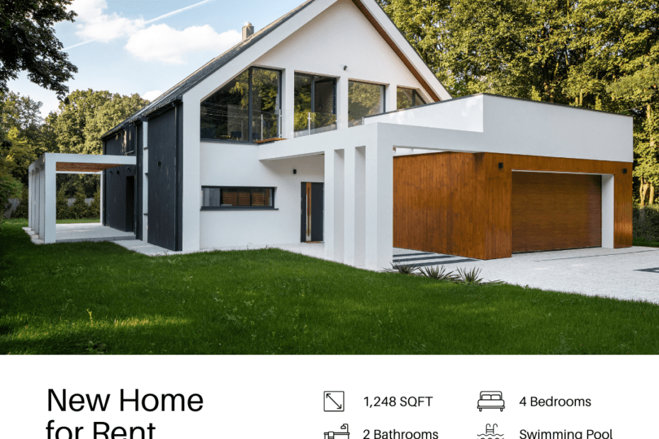 Modern white house with spacious design and wooden garage door.