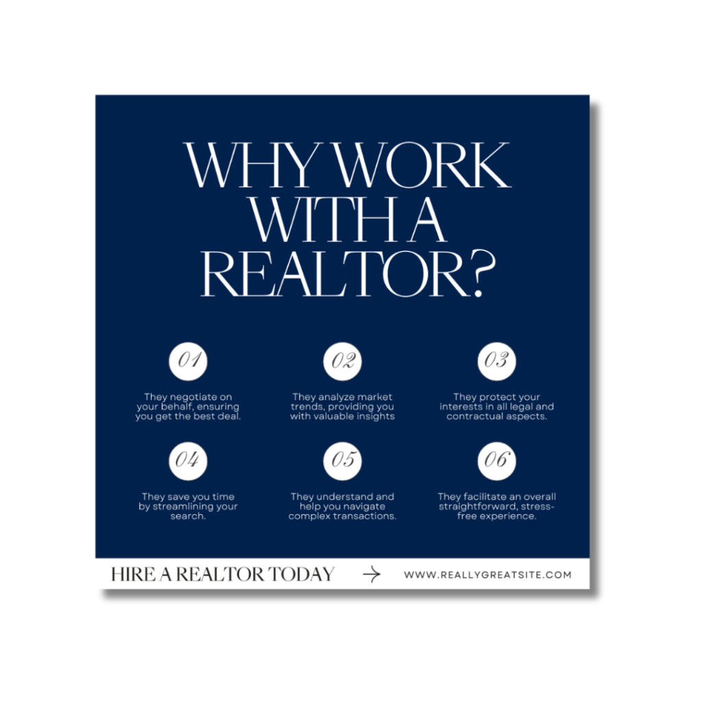 Instagram Post that says "Why Work With A Realtor" and gives 6 different reasons on why a home buyer or seller should work with a real estate agent