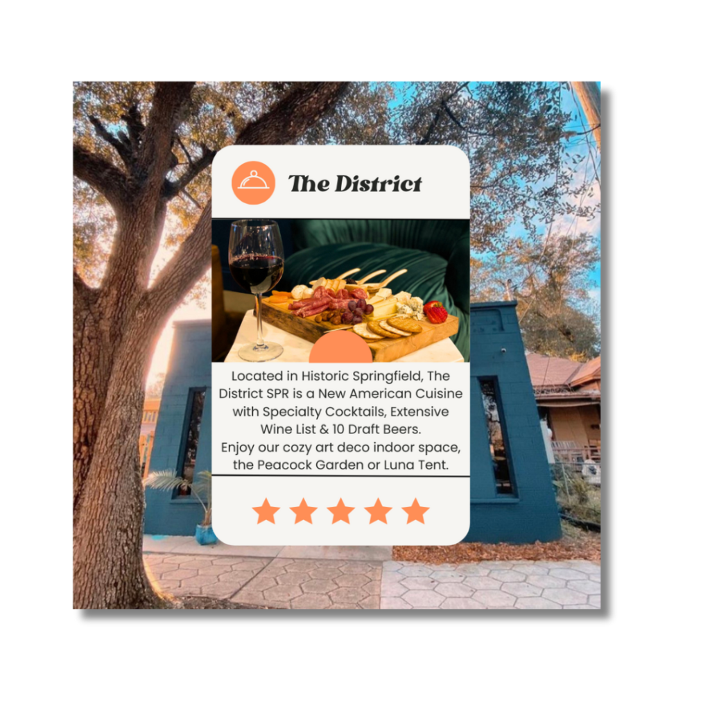 A sample image of giving a suggestion of where to eat in Jacksonville Florida. The restaurant on the photo is called "The District" and has a photo of a charcuterie board with a short description of the restaurant.